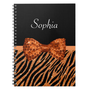 Elegant Orange Zebra Print FAUX Glitz Bow and Name Notebook