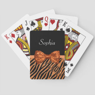 Elegant Orange Zebra Print FAUX Glitz Bow and Name Playing Cards
