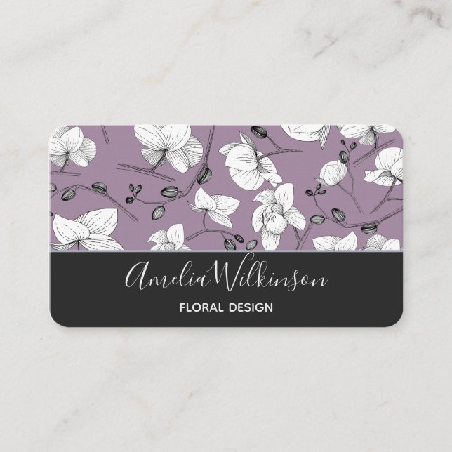 Elegant orchid black & white floral delicate lilac business card (Front)