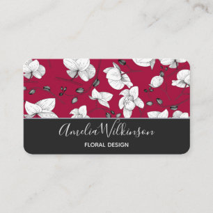 Elegant orchid black white modern floral burgundy business card
