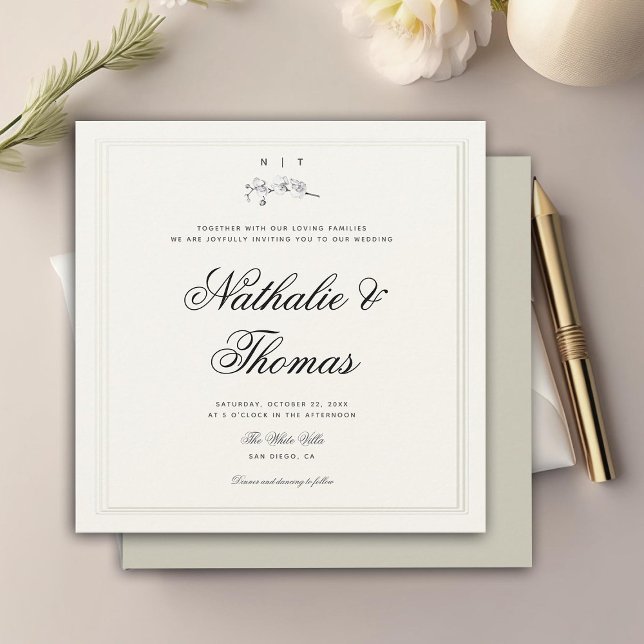 Elegant Orchid Crest Faux Embossed Ecru Wedding Invitation (elegant white orchids crest monograms wedding invitation modern classic all seasons winter summer )