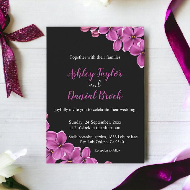 Elegant Orchid Flower Black Summer Floral Wedding Invitation (Creator Uploaded)
