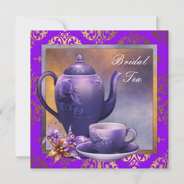 Elegant Orchid Gold Purple Bridal Tea Party Invitation (Front)