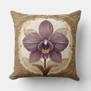 Elegant Orchid in Intricate Golden Frame Cushion