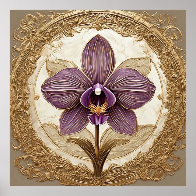 Elegant Orchid in Intricate Golden Frame Poster (Front)