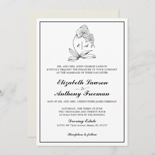 Elegant Orchid Monogram Formal Wedding Invitation (Front/Back)