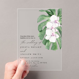 Elegant Orchid on Tropical leaf script wedding Acrylic Invitations