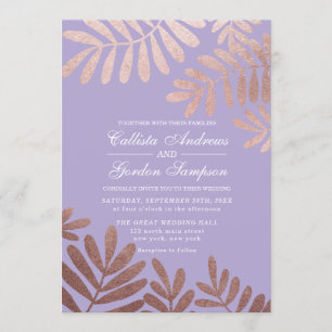Elegant Orchid Purple Rose Gold Leaves Wedding Invitation