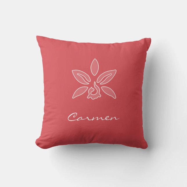 Elegant Orchid Simple Hot Red Flower With Name Cushion (Front)