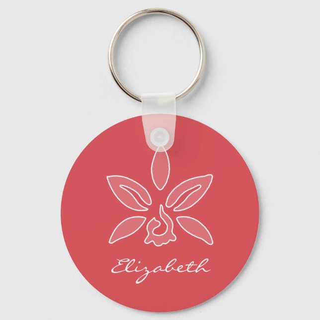Elegant Orchid Simple Hot Red Flower With Name Key Ring (Front)