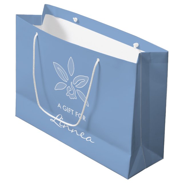 Elegant Orchid Simple Powder Blue Flower With Name Large Gift Bag (Front Angled)