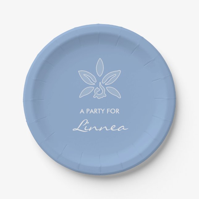 Elegant Orchid Simple Powder Blue Flower With Name Paper Plate (Front)