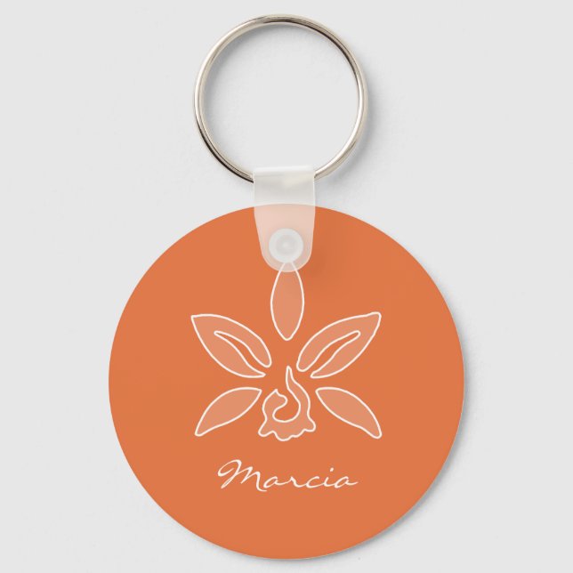 Elegant Orchid Simple Rich Orange Flower and Name Key Ring (Front)