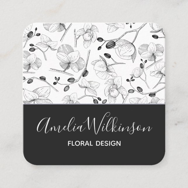 Elegant orchids black & white floral delicate chic square business card (Front)