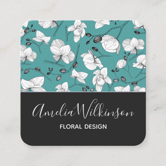 Elegant orchids black & white floral delicate teal square business card (Front)