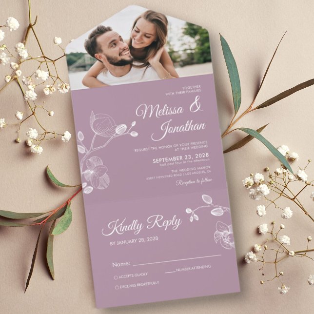 Elegant orchids dusty purple floral wedding all in one invitation (Creator Uploaded)