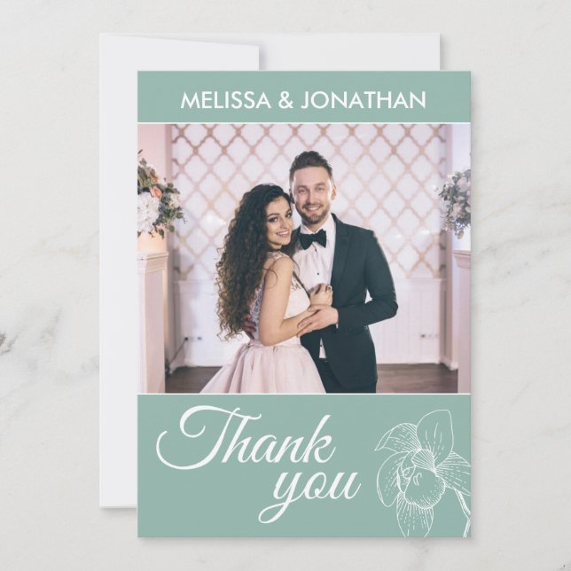 Elegant orchids floral modern green wedding photo thank you card (Front)