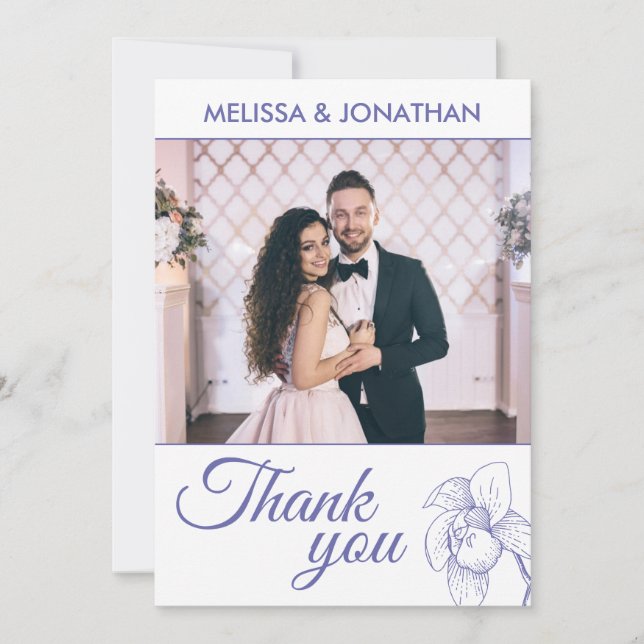 Elegant orchids floral modern purple wedding photo thank you card (Front)
