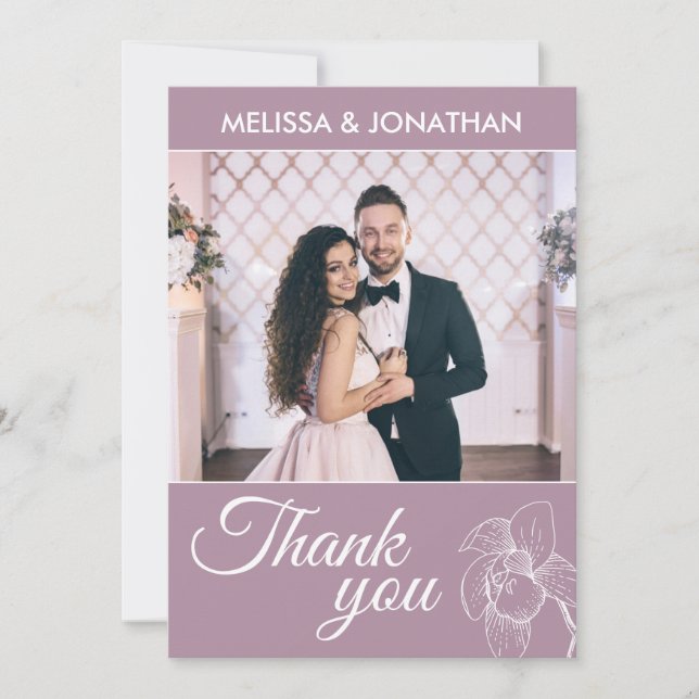 Elegant orchids floral modern purple wedding photo thank you card (Front)