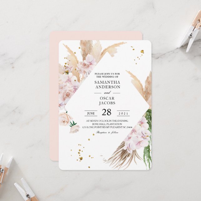 Elegant Orchids & Pampas Beauty Frame  Invitation (Front/Back In Situ)