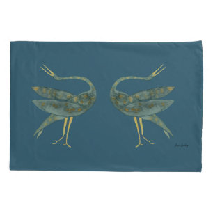 Elegant oriental dancing cranes on slate blue pillowcase