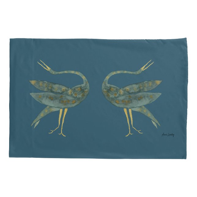 Elegant oriental dancing cranes on slate blue pillowcase (Back)