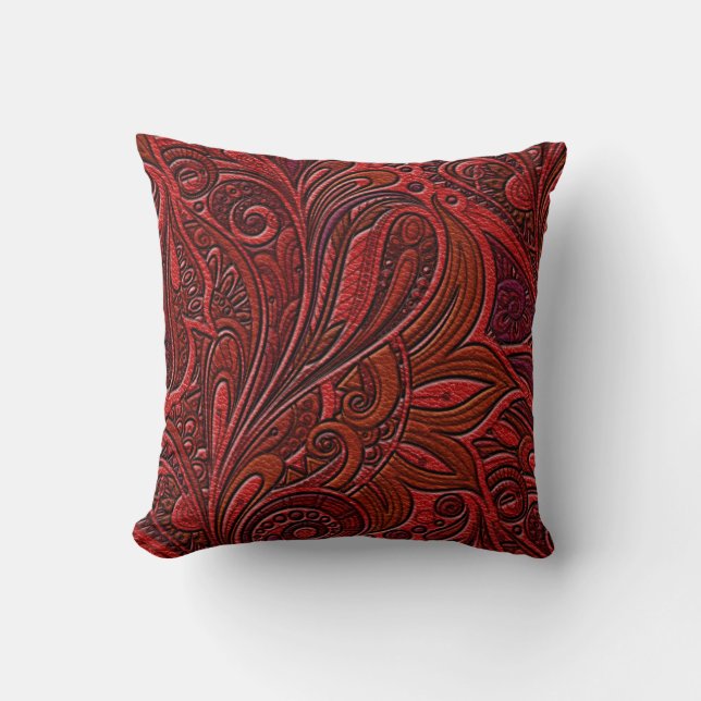 Elegant Oriental Floral Swirl on Red Leather Cushion (Front)