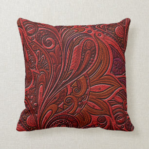 Elegant Oriental Floral Swirl on Red Leather Cushion