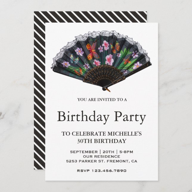 Elegant Oriental Japanese Floral Fan Birthday Invitation (Front/Back)