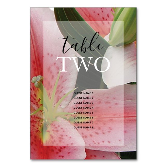 Elegant Oriental Lilies Wedding Guest Names Table Number (Front)