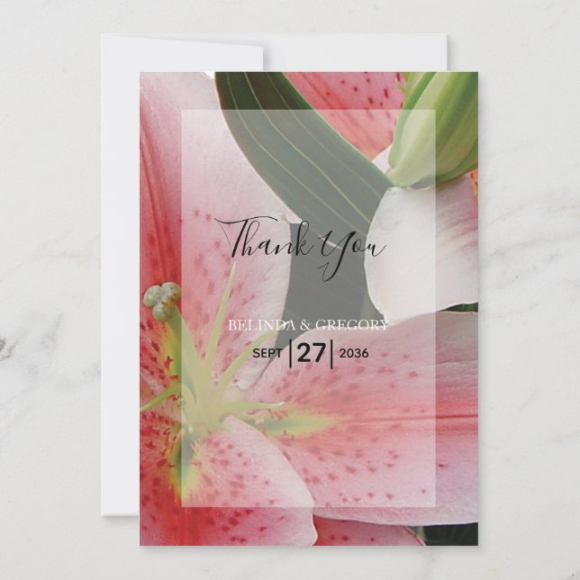 Elegant Oriental Lilies Wedding Thank You Card (Back)