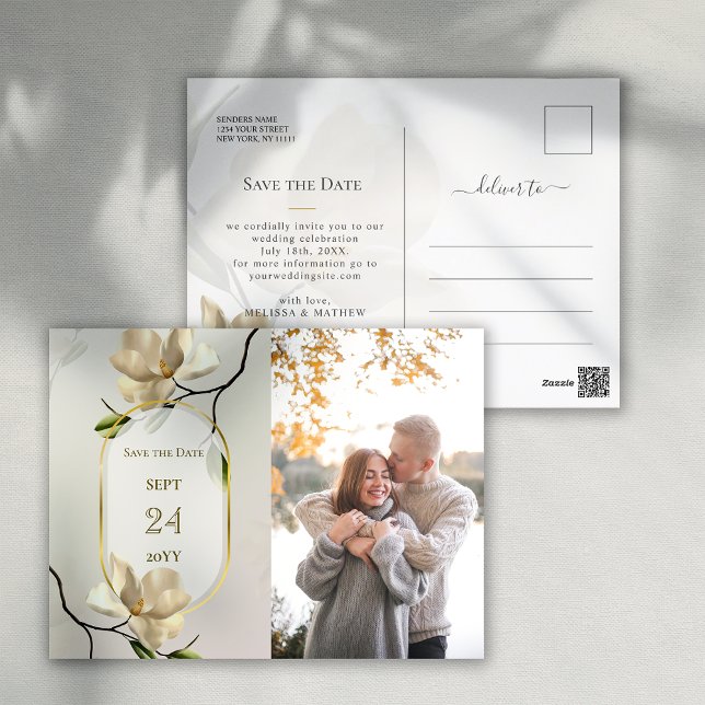 Elegant Oriental Magnolia Wedding Save the Date Postcard (Elegant Oriental Magnolia Wedding Save the Date Postcard)