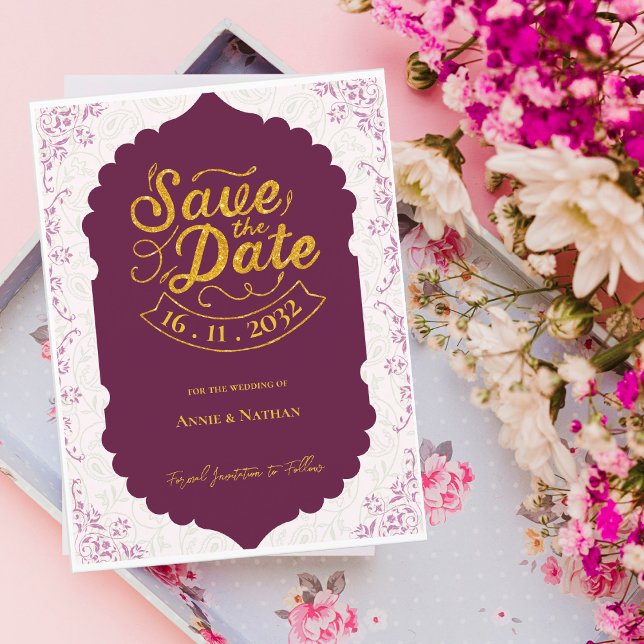 Elegant Oriental Motif Pattern Burgundy Wedding  Announcement Postcard (Elegant Oriental Motif Pattern Burgundy Wedding Announcement Postcard)