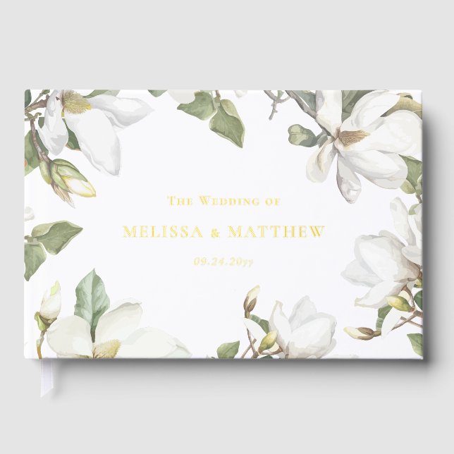 Elegant Oriental White Magnolia Wedding Guest Book (Front)