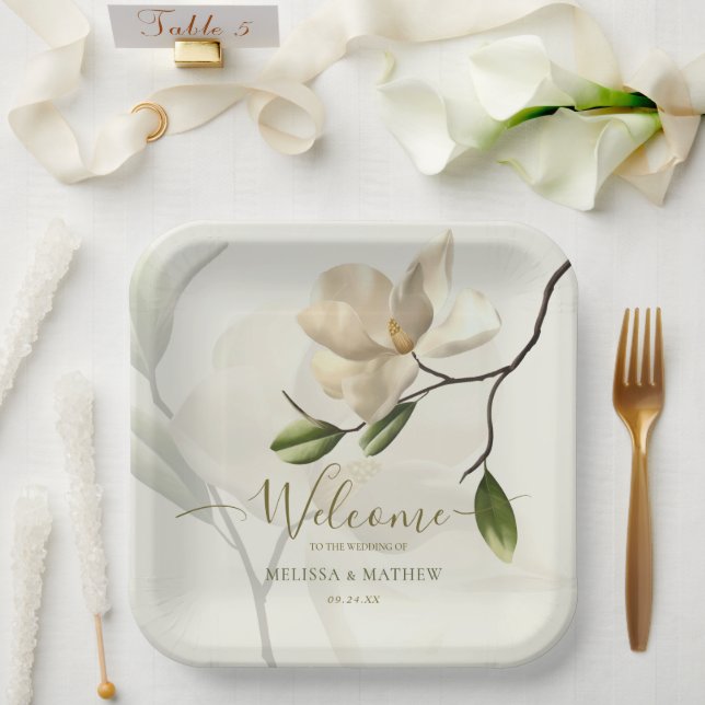 Elegant Oriental White Magnolia Wedding Paper Plate (Wedding)