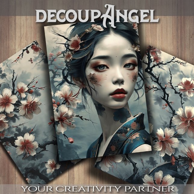 Elegant Oriental Woman Among Flowers - Decoupage - Wrapping Paper Sheet (Creator Uploaded)