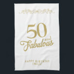 Elegant Ornament 50 and Fabulous 50th Birthday Tea Towel<br><div class="desc">Elegant Ornament 50 and Fabulous 50th Birthday kitchen towel. 50 and fabulous saying in trendy golden script and a gold ornament. Personalise it with your name and the age.</div>