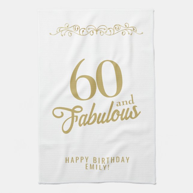 Elegant Ornament 60 and Fabulous 60th Birthday  Tea Towel (Vertical)