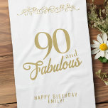 Elegant Ornament 90 and Fabulous 90th Birthday Tea Towel<br><div class="desc">Elegant Ornament 90 and Fabulous 90th Birthday kitchen towel. 90 and fabulous saying in trendy golden script and a gold ornament. Personalise it with your name and the age.</div>