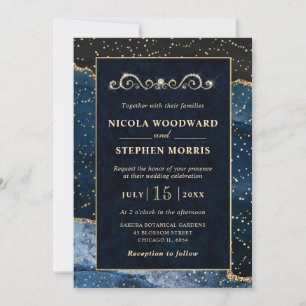 Elegant Ornament Gold Frame Blue Agate Wedding Invitation