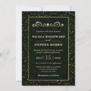 Elegant Ornament Gold Frame Green Marble Wedding Invitation