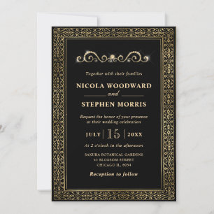 Elegant Ornament Gold Frame on Black Wedding Invitation