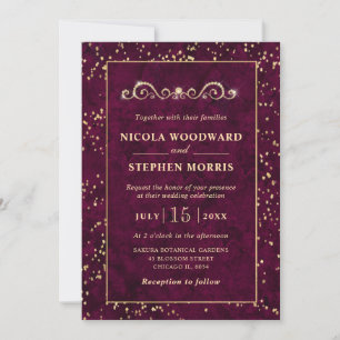 Elegant Ornament Gold Frame Pink Marble Wedding Invitation