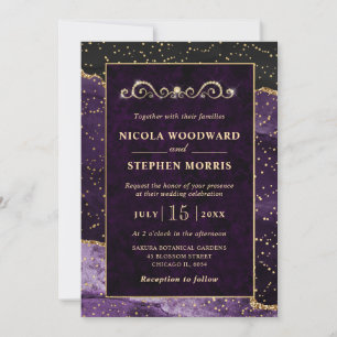 Elegant Ornament Gold Frame Purple Agate Wedding Invitation