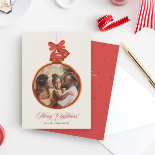 Elegant Ornament Merry Christmas Red Gold Photo Holiday Card