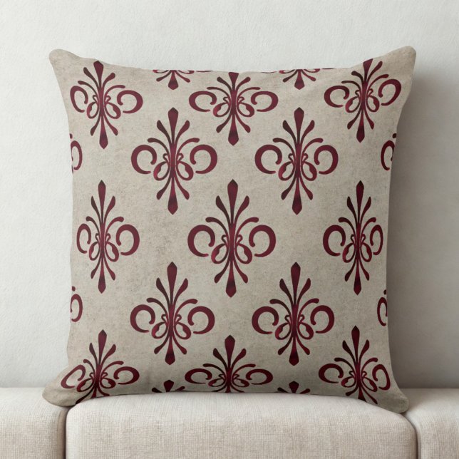 Elegant Ornamental Maroon Damask Pattern Cushion (maroon damask pattern throw pillow)