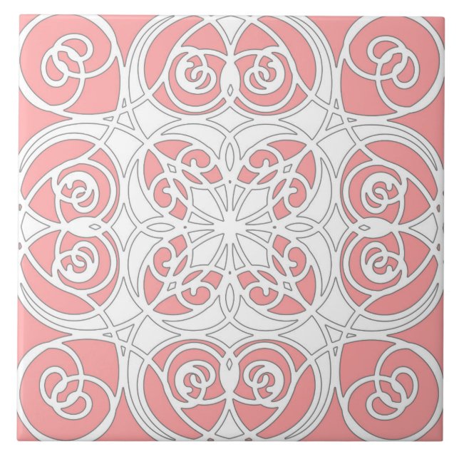 Elegant, ornamental, modern, pastel pink, white ceramic tile (Front)