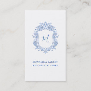 Elegant Ornamental Roses Crest Blue Monogram Business Card