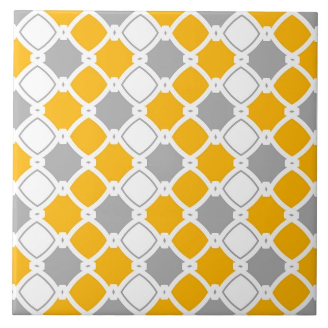 Elegant ornamental, white, mustard yellow, grey ceramic tile (Front)