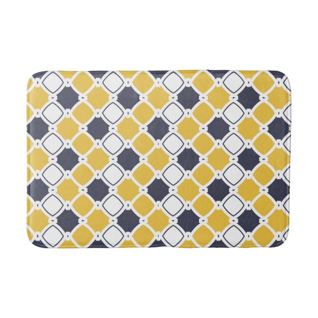 Elegant ornamental, white, navy blue, yellow bath mat (Front)